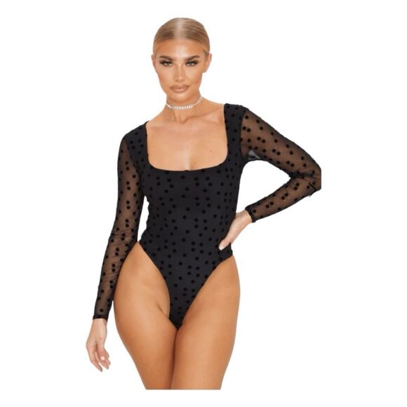 PrettyLitteThings Polka Dot Mesh Bodysuit Black Square Neck Long Sleeve Lined 4 - Picture 1 of 10